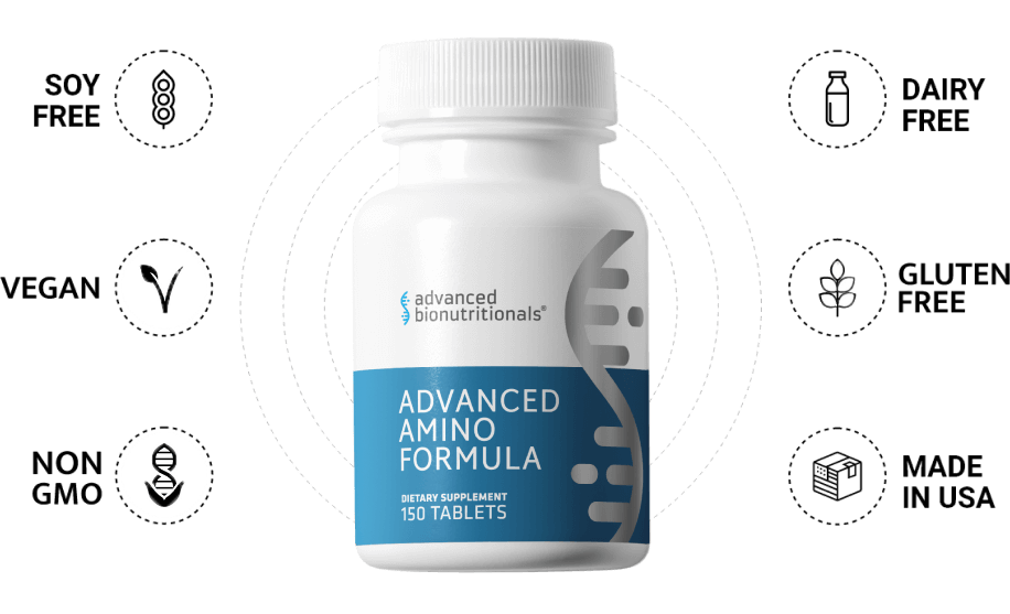 Advanced Amino Formula bottle with clinical badge ring
