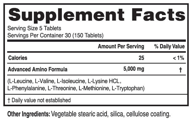 Supplement Facts label showing serving size, 5,000 mg formula blend, listed amino acids, and other ingredients